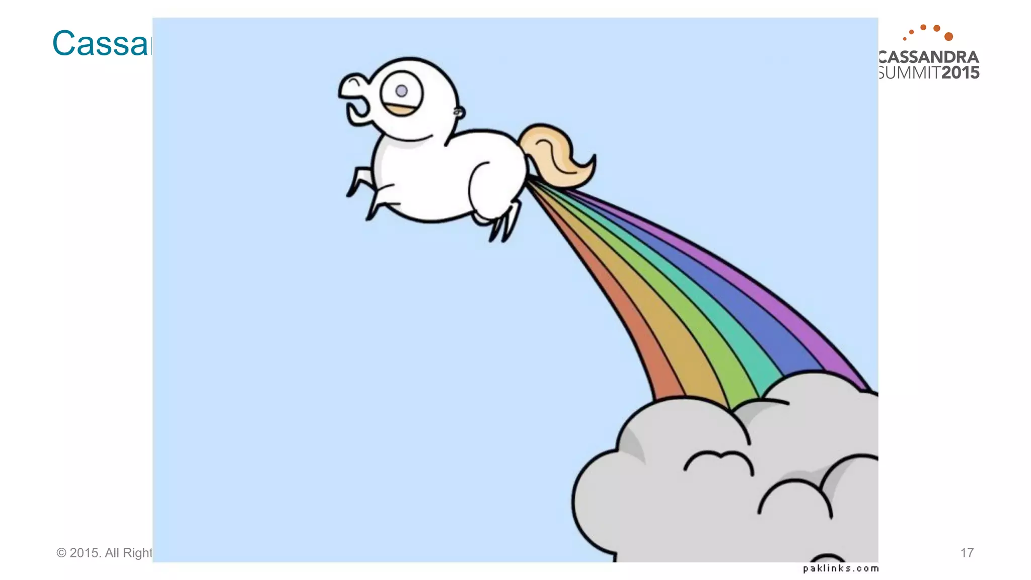 Cassandra is not…
17© 2015. All Rights Reserved.
A Data Ocean or Pond., Lake
An In-Memory Database
A Key-Value Store
A magical database unicorn that farts rainbows
 