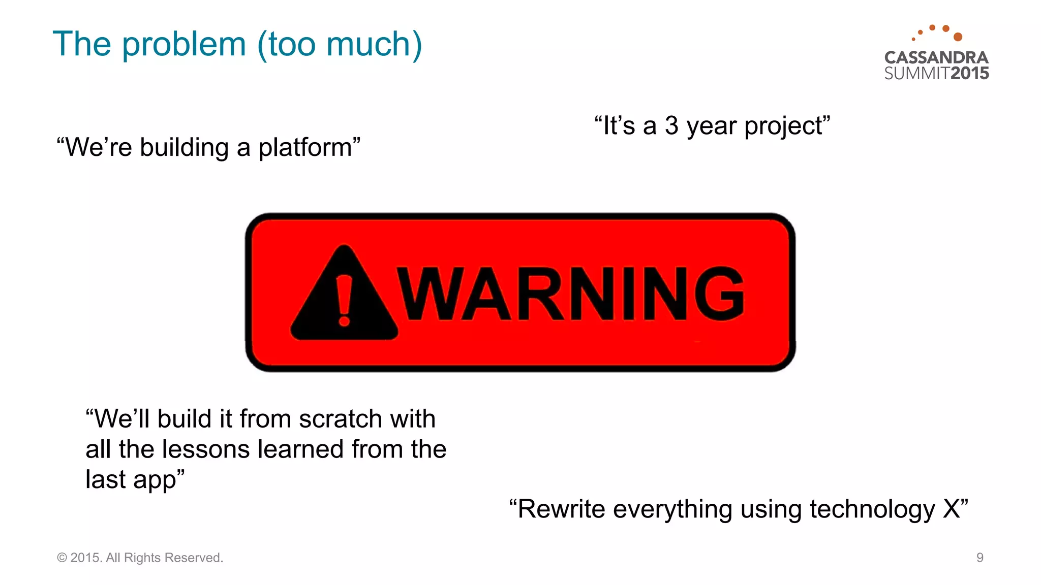 The problem (too much)
9© 2015. All Rights Reserved.
“We’re building a platform”
“It’s a 3 year project”
“We’ll build it from scratch with
all the lessons learned from the
last app”
“Rewrite everything using technology X”
 