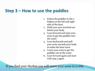 Step 3 – How to use the paddles
1. Enlace the paddles in the 2
helpers at the left and right
side of the boat.
2. Hold your arm streched out
before your body
3. Lean forward and raise your
arms to get the paddles into
the water
4. Lean backwards and pull
your arms towards your body
to make the boat move
5. Lower your arms to get the
paddles out of the water
6. Lean forward again and start
with step 3 again
If you find your rhythm you will move your arms in a cirle
 