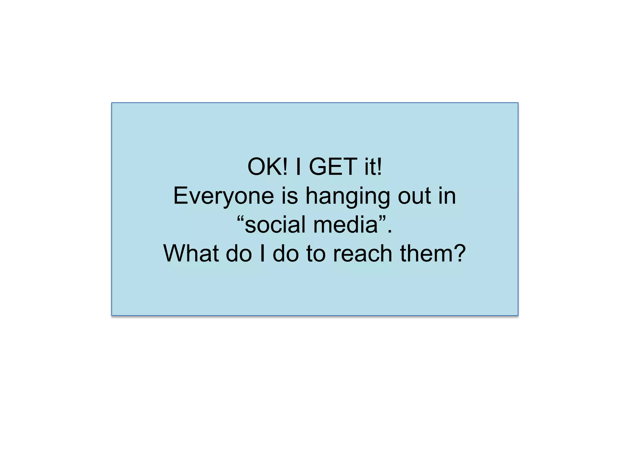 OK! I GET it! Everyone is hanging out in “social media”.What do I do to reach them?