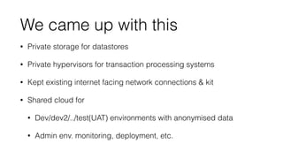 We came up with this 
• Private storage for datastores 
• Private hypervisors for transaction processing systems 
• Kept existing internet facing network connections  kit 
• Shared cloud for 
• Dev/dev2/../test(UAT) environments with anonymised data 
• Admin env. monitoring, deployment, etc. 
 