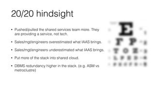 20/20 hindsight 
• Pushed/pulled the shared services team more. They 
are providing a service, not tech. 
• Sales/mgt/engineers overestimated what IAAS brings. 
• Sales/mgt/engineers underestimated what IAAS brings. 
• Put more of the stack into shared cloud. 
• DBMS redundancy higher in the stack. (e.g. ASM vs 
metroclustre) 
 