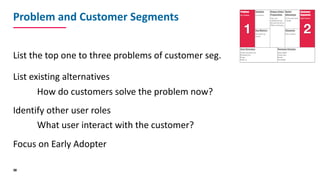 Problem	and	Customer	Segments
List	the	top	one	to	three	problems	of	customer	seg.
List	existing	alternatives
How	do	custom...