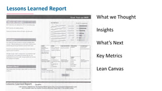 Lessons	Learned	Report
What	we	Thought
Insights
What’s	Next
Key	Metrics
Lean	Canvas
63
 
