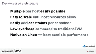 26
01
Docker based architecture
Multiple per host easily possible
Easy to scale until host resources allow
Easily add cons...