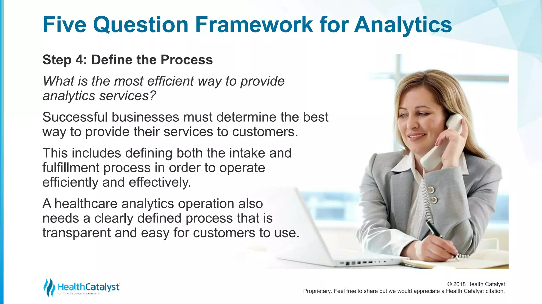 © 2018 Health Catalyst
Proprietary. Feel free to share but we would appreciate a Health Catalyst citation.
Step 4: Define the Process
Five Question Framework for Analytics
What is the most efficient way to provide
analytics services?
Successful businesses must determine the best
way to provide their services to customers.
This includes defining both the intake and
fulfillment process in order to operate
efficiently and effectively.
A healthcare analytics operation also
needs a clearly defined process that is
transparent and easy for customers to use.
 