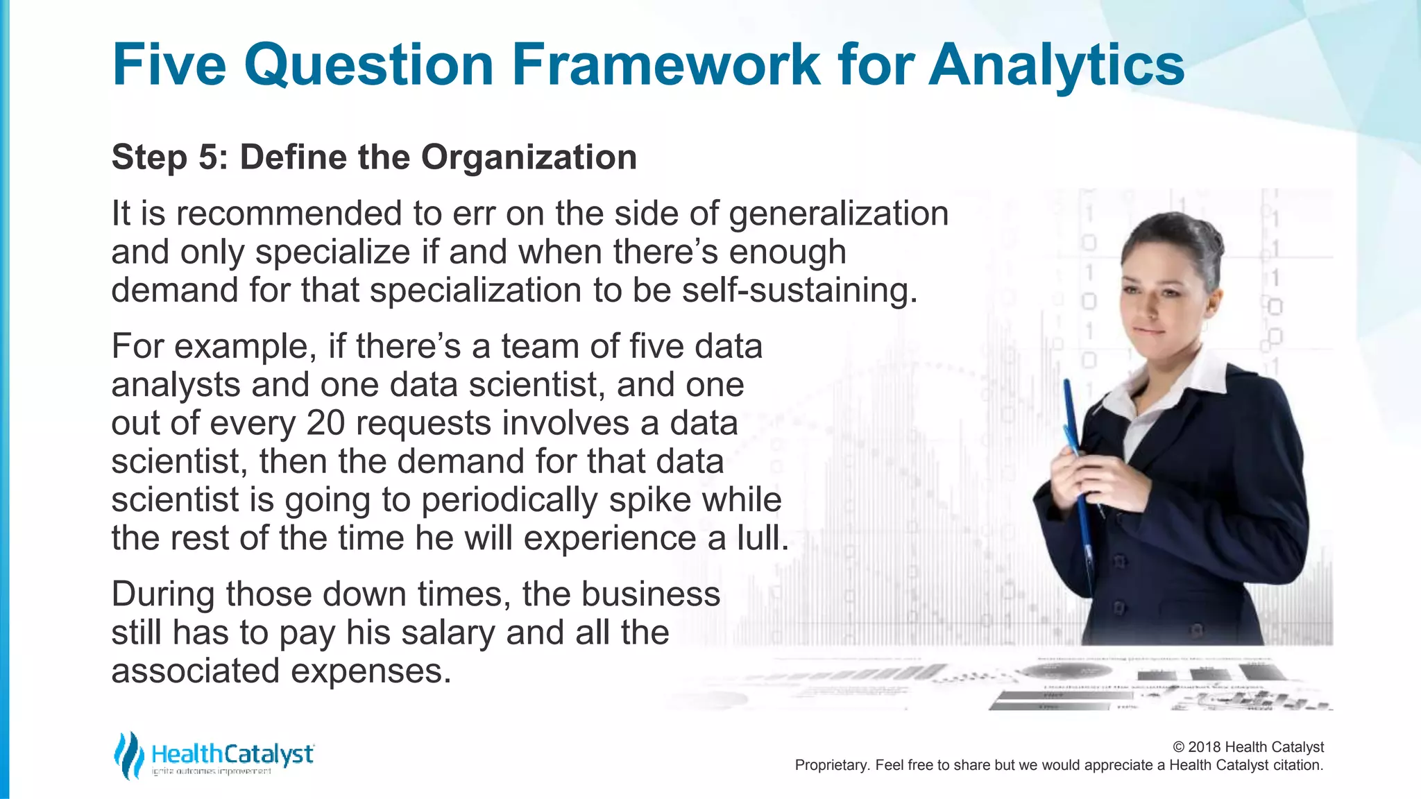 © 2018 Health Catalyst
Proprietary. Feel free to share but we would appreciate a Health Catalyst citation.
Step 5: Define the Organization
Five Question Framework for Analytics
It is recommended to err on the side of generalization
and only specialize if and when there’s enough
demand for that specialization to be self-sustaining.
For example, if there’s a team of five data
analysts and one data scientist, and one
out of every 20 requests involves a data
scientist, then the demand for that data
scientist is going to periodically spike while
the rest of the time he will experience a lull.
During those down times, the business
still has to pay his salary and all the
associated expenses.
 