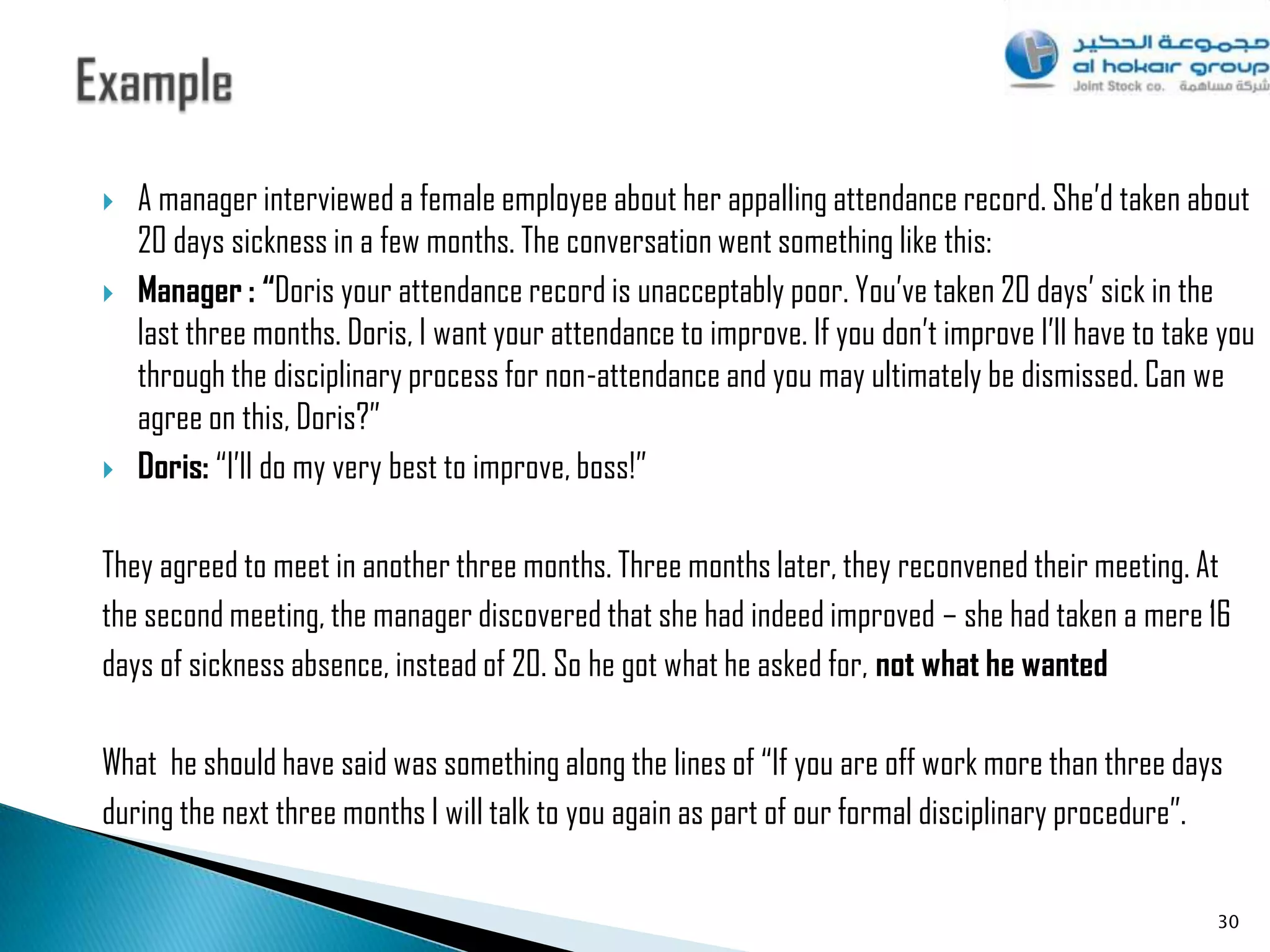    A manager interviewed a female employee about her appalling attendance record. She‟d taken about
    20 days sickness in a few months. The conversation went something like this:
   Manager : “Doris your attendance record is unacceptably poor. You‟ve taken 20 days‟ sick in the
    last three months. Doris, I want your attendance to improve. If you don‟t improve I‟ll have to take you
    through the disciplinary process for non-attendance and you may ultimately be dismissed. Can we
    agree on this, Doris?”
   Doris: “I‟ll do my very best to improve, boss!”

They agreed to meet in another three months. Three months later, they reconvened their meeting. At
the second meeting, the manager discovered that she had indeed improved – she had taken a mere 16
days of sickness absence, instead of 20. So he got what he asked for, not what he wanted

What he should have said was something along the lines of “If you are off work more than three days
during the next three months I will talk to you again as part of our formal disciplinary procedure”.

                                                                                                       30
 