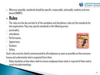    Wherever possible, standards should be specific, measurable, achievable, realistic and time-
    bound (SMART).
   Rules
•  The rules are the dos and don‟ts of the workplace and disciplinary rules set the standards for
   the organization. They may specify standards in the following areas:
• punctuality;

• attendance;

• Performance;

• Appearance;

• Conduct;

• Safety.

Such rules must be clearly communicated to all employees as soon as possible so that everyone
knows and understands what is expected from them.
• Rules should be written down, both to ensure employees know what is required of them and to
   avoid misunderstandings.

                                                                                                    32
 