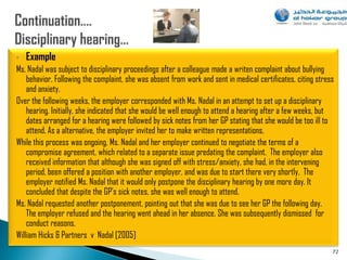 •   Example
Ms. Nadal was subject to disciplinary proceedings after a colleague made a writen complaint about bullying
    behavior. Following the complaint, she was absent from work and sent in medical certificates, citing stress
    and anxiety.
Over the following weeks, the employer corresponded with Ms. Nadal in an attempt to set up a disciplinary
    hearing. Initially, she indicated that she would be well enough to attend a hearing after a few weeks, but
    dates arranged for a hearing were followed by sick notes from her GP stating that she would be too ill to
    attend. As a alternative, the employer invited her to make written representations.
While this process was ongoing, Ms. Nadal and her employer continued to negotiate the terms of a
    compromise agreement, which related to a separate issue predating the complaint. The employer also
    received information that although she was signed off with stress/anxiety, she had, in the intervening
    period, been offered a position with another employer, and was due to start there very shortly. The
    employer notified Ms. Nadal that it would only postpone the disciplinary hearing by one more day. It
    concluded that despite the GP‟s sick notes, she was well enough to attend.
Ms. Nadal requested another postponement, pointing out that she was due to see her GP the following day.
    The employer refused and the hearing went ahead in her absence. She was subsequently dismissed for
    conduct reasons.
William Hicks & Partners v Nadal [2005]
                                                                                                              72
 