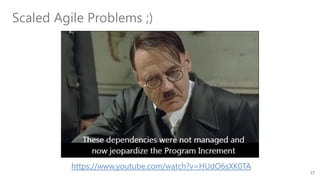 17
https://www.youtube.com/watch?v=HUdO6sXK0TA
Scaled Agile Problems ;)
 