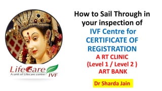 How to Sail Through in
your inspection of
IVF Centre for
CERTIFICATE OF
REGISTRATION
A RT CLINIC
(Level 1 / Level 2 )
ART BANK
Dr Sharda Jain
 