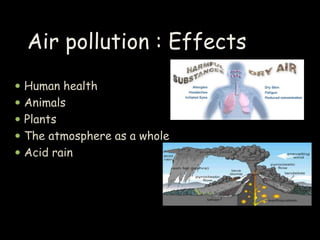  Human health
 Animals
 Plants
 The atmosphere as a whole
 Acid rain
Air pollution : Effects
 