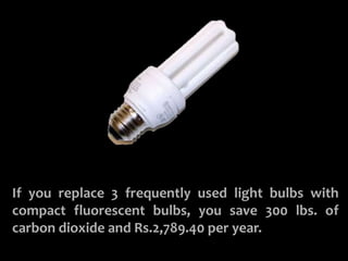 USE COMPACT FLUORESCENT BULBS
If you replace 3 frequently used light bulbs with
compact fluorescent bulbs, you save 300 lbs. of
carbon dioxide and Rs.2,789.40 per year.
 