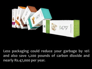 BUY MINIMALLY PACKAGED GOODS
Less packaging could reduce your garbage by 10%
and also save 1,200 pounds of carbon dioxide and
nearly Rs.47,000 per year.
 