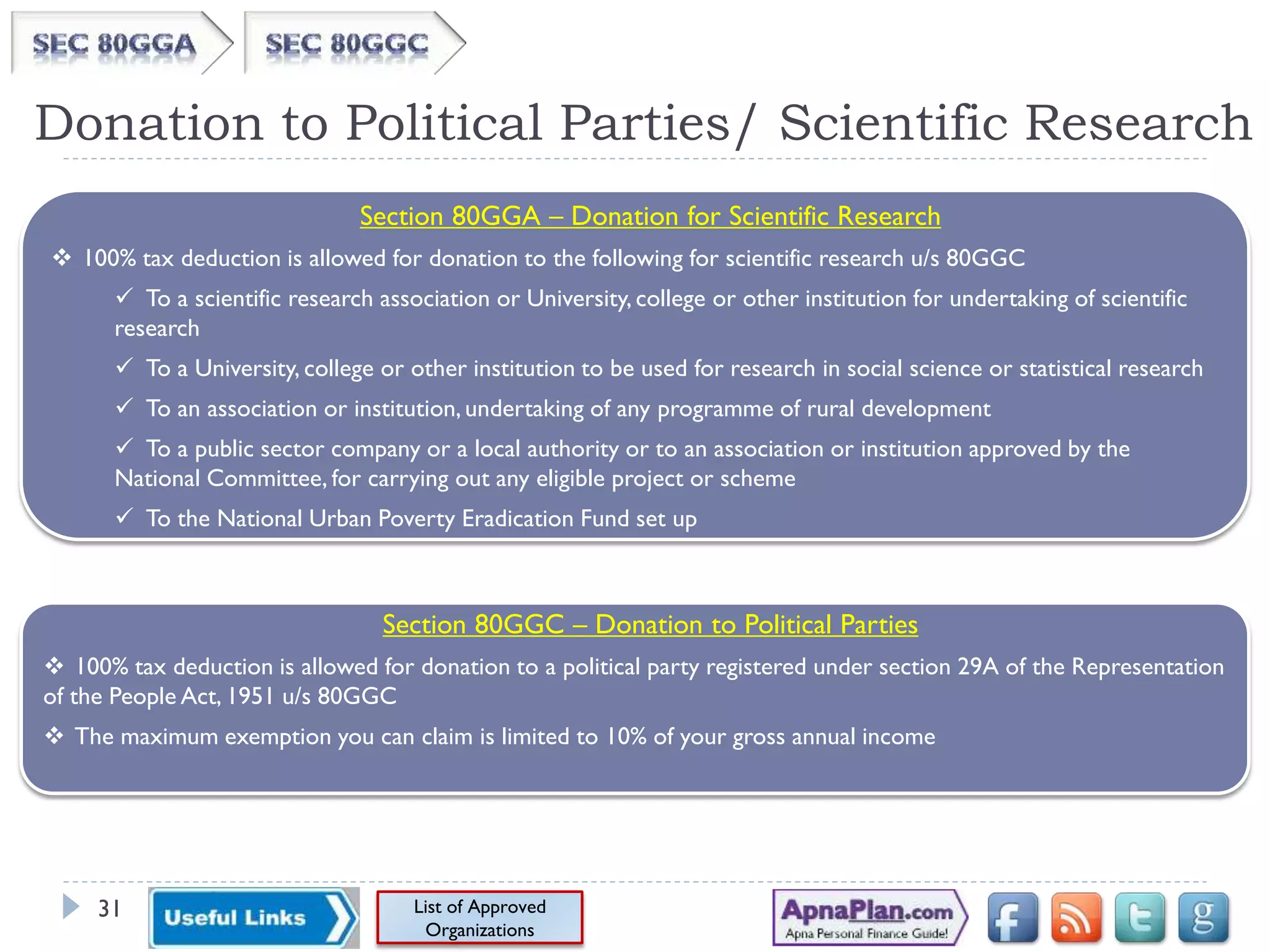 Donation to Political Parties/ Scientific Research
Section 80GGA – Donation for Scientific Research
 100% tax deduction is allowed for donation to the following for scientific research u/s 80GGC
 To a scientific research association or University, college or other institution for undertaking of scientific
research
 To a University, college or other institution to be used for research in social science or statistical research
 To an association or institution,undertaking of any programme of rural development
 To a public sector company or a local authority or to an association or institution approved by the
National Committee, for carrying out any eligible project or scheme
 To the National Urban Poverty Eradication Fund set up
List of Approved
Organizations
Section 80GGC – Donation to Political Parties
 100% tax deduction is allowed for donation to a political party registered under section 29A of the Representation
of the People Act, 1951 u/s 80GGC
 The maximum exemption you can claim is limited to 10% of your gross annual income
31
 