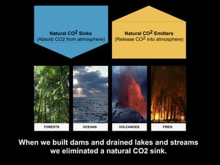 When we built dams and drained lakes and streams
we eliminated a natural CO2 sink.
VOLCANOES FIRESFORESTS OCEANSOCEANS
Natural CO2 Sinks
(Absorb CO2 from atmosphere)
Natural CO2 Emitters
(Release CO2 into atmosphere)
 