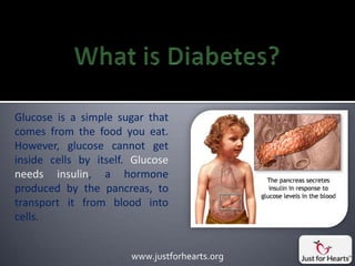 Glucose is a simple sugar that
comes from the food you eat.
However, glucose cannot get
inside cells by itself. Glucose
needs insulin, a hormone
produced by the pancreas, to
transport it from blood into
cells.


                       www.justforhearts.org
 