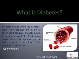 Diabetes occurs when the pancreas
either can't produce any insulin at
all or can't produce enough insulin
to properly control blood sugar
levels. When this happens, glucose
builds up in the blood. This
condition is known as
 hyperglycaemia.


                               www.justforhearts.org
 