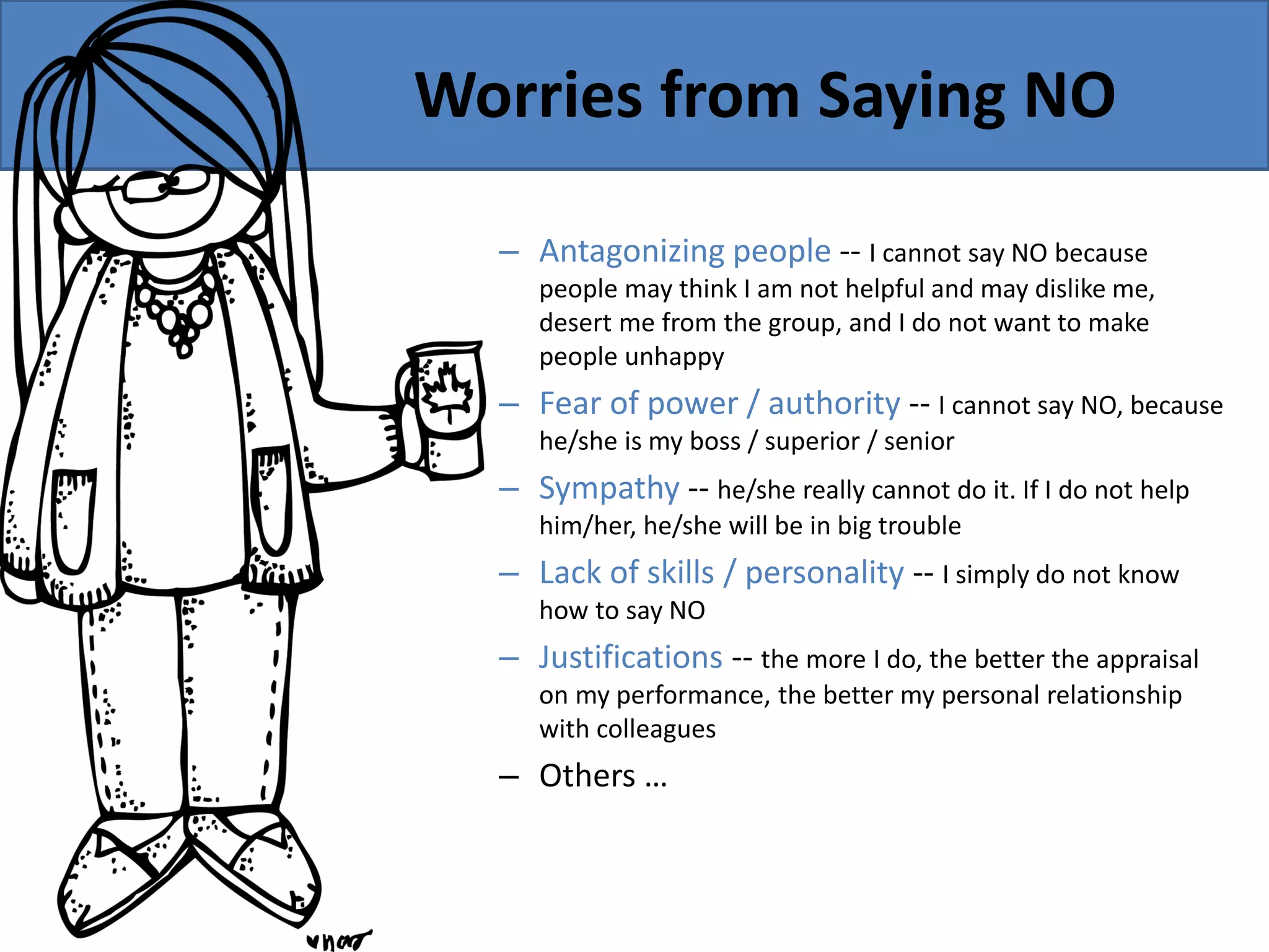 Worries from Saying NO
– Antagonizing people -- I cannot say NO because
people may think I am not helpful and may dislike me,
desert me from the group, and I do not want to make
people unhappy
– Fear of power / authority -- I cannot say NO, because
he/she is my boss / superior / senior
– Sympathy -- he/she really cannot do it. If I do not help
him/her, he/she will be in big trouble
– Lack of skills / personality -- I simply do not know
how to say NO
– Justifications -- the more I do, the better the appraisal
on my performance, the better my personal relationship
with colleagues
– Others …
 