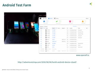 45
@dnlkntt | How to Scale Mobile Testing across several Teams
Android Test Farm
www.openstf.io
http://adventuresinqa.com/...