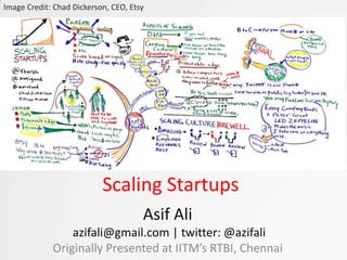 Image Credit: Chad Dickerson, CEO, Etsy




                           Scaling Startups
                                      Asif Ali
                 azifali@gmail.com | twitter: @azifali
             Originally Presented at IITM’s RTBI, Chennai
 