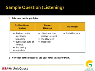 1. Take notes while you listen:
Problem/Issue :
Student
Stance:
Librarian
Resolution:
● Reviews on the
play Happy
Strangers.
● publication date of
reviews
● find boring
● optimistic
● critical reaction
positive -present
● first play seen
● emotional
● find video tape
2 . Now look at the questions, use your notes to answer them.
 