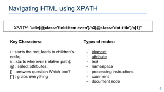 Navigating HTML using XPATH
6
Key Characters:
/ : starts the root,leads to children`s
node;
// : starts wherever (relative path);
@ : select attributes;
[] : answers question Which one?
[*] : grabs everything
XPATH: “//div[@class='field-item even']/h3[@class='dot-title']/a[1]”
Types of nodes:
- element
- attribute
- text
- namespace
- processing instructions
- comment
- document node
 