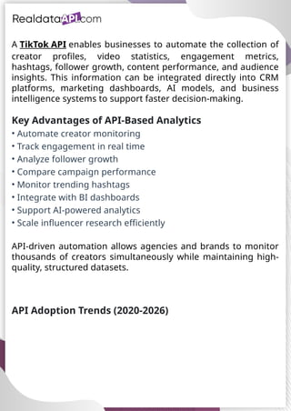 UAE Food Delivery Price Tracking
API for Monitoring Prices,
Ratings & Delivery Times AE &
KSA
A TikTok API enables businesses to automate the collection of
creator profiles, video statistics, engagement metrics,
hashtags, follower growth, content performance, and audience
insights. This information can be integrated directly into CRM
platforms, marketing dashboards, AI models, and business
intelligence systems to support faster decision-making.
Key Advantages of API-Based Analytics
• Automate creator monitoring
• Track engagement in real time
• Analyze follower growth
• Compare campaign performance
• Monitor trending hashtags
• Integrate with BI dashboards
• Support AI-powered analytics
• Scale influencer research efficiently
API-driven automation allows agencies and brands to monitor
thousands of creators simultaneously while maintaining high-
quality, structured datasets.
API Adoption Trends (2020-2026)
 