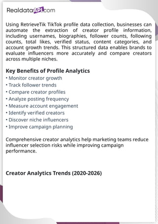 UAE Food Delivery Price Tracking
API for Monitoring Prices,
Ratings & Delivery Times AE &
KSA
Using RetrieveTik TikTok profile data collection, businesses can
automate the extraction of creator profile information,
including usernames, biographies, follower counts, following
counts, total likes, verified status, content categories, and
account growth trends. This structured data enables brands to
evaluate influencers more accurately and compare creators
across multiple niches.
Key Benefits of Profile Analytics
• Monitor creator growth
• Track follower trends
• Compare creator profiles
• Analyze posting frequency
• Measure account engagement
• Identify verified creators
• Discover niche influencers
• Improve campaign planning
Comprehensive creator analytics help marketing teams reduce
influencer selection risks while improving campaign
performance.
Creator Analytics Trends (2020-2026)
 