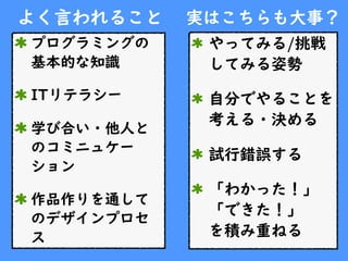 よく言われること
プログラミングの
基本的な知識
ITリテラシー
学び合い・他人と
のコミニュケー
ション
作品作りを通して
のデザインプロセ
ス
実はこちらも大事？
やってみる/挑戦
してみる姿勢
自分でやることを
考える・決める
試行錯誤する
「わかった！」
「できた！」
を積み重ねる
 