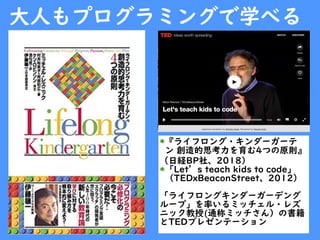大人もプログラミングで学べる
『ライフロング・キンダーガーテ
ン 創造的思考力を育む4つの原則』
（日経BP社、2018）
「Let’s teach kids to code」
（TEDxBeaconStreet、2012）
「ライフロングキンダーガーデング
ループ」を率いるミッチェル・レズ
ニック教授(通称ミッチさん）の書籍
とTEDプレゼンテーション
 