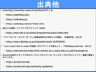 出典他
CoderDojo/CoderDojo Japan/CoderDojoひばりヶ丘
https://coderdojo.com/
https://coderdojo.jp/
https://coderdojo.hanare-hibari.info/
Why!?大喜利 | ワイワイプログラミング（NHK）
https://www.nhk.or.jp/school/programming/oogiri/index.html
『ライフロング・キンダーガーテン 創造的思考力を育む4つの原則』（日経BP社、2018）
https://www.nikkeibp.co.jp/atclpubmkt/book/18/P55550/
「Let's teach kids to code/子供達にプログラミングを教えよう」（TEDxBeaconStreet、2012）
https://www.ted.com/talks/mitch_resnick_let_s_teach_kids_to_code?language=ja
ScratchはMITメディアラボのライフロングキンダーガーテングループのプロジェクトで、無償で提供さ
れています。
https://scratch.mit.edu
https://scratch.mit.edu/community_guidelines
 