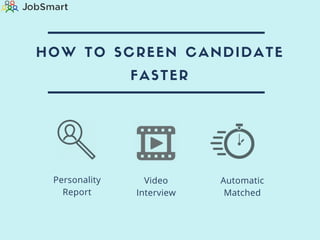 HOW TO SCREEN CANDIDATE
FASTER
Personality
Report
Video
Interview
Automatic
Matched
 