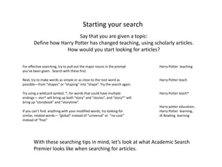Starting your search
                          Say that you are given a topic:
       Define how Harry Potter has changed teaching, using scholarly articles.
                    How would you start looking for articles?

For effective searching, try to pull out the major nouns in the prompt       Harry Potter teaching
you’ve been given. Search with these first.

Next, try to make words as simple or as close to the root word as            Harry Potter teach
possible—from “shapes” or “shaping” into “shape”. Try the search again.

Try using a wildcard symbol, *, for words that could have multiple           Harry Potter teach*
endings— stor* will bring up both “story” and “stories”, and “story*” will
bring up “storybook” and “storytime”.
                                                                             Harry potter education,
If you can’t find anything with your modified words, try looking for         Harry Potter learning,
similar, related words— “global” instead of “universal” or “no-cost”         JK Rowling learning
instead of “free”




       With these searching tips in mind, let’s look at what Academic Search
       Premier looks like when searching for articles.
 