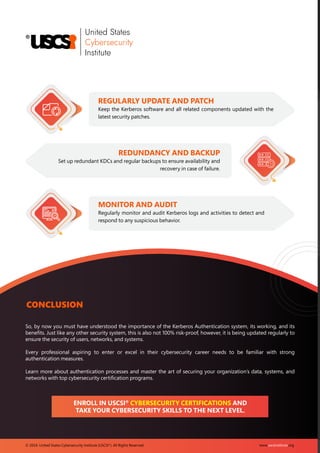 www.uscsinstitute.org
© 2024. United States Cybersecurity Institute (USCSI ). All Rights Reserved.
®
CONCLUSION
So, by now you must have understood the importance of the Kerberos Authentication system, its working, and its
beneﬁts. Just like any other security system, this is also not 100% risk-proof, however, it is being updated regularly to
ensure the security of users, networks, and systems.
Every professional aspiring to enter or excel in their cybersecurity career needs to be familiar with strong
authentication measures.
Learn more about authentication processes and master the art of securing your organization’s data, systems, and
networks with top cybersecurity certiﬁcation programs.
ENROLL IN USCSI®
CYBERSECURITY CERTIFICATIONS AND
TAKE YOUR CYBERSECURITY SKILLS TO THE NEXT LEVEL.
REGULARLY UPDATE AND PATCH
Keep the Kerberos software and all related components updated with the
latest security patches.
REDUNDANCY AND BACKUP
Set up redundant KDCs and regular backups to ensure availability and
recovery in case of failure.
MONITOR AND AUDIT
Regularly monitor and audit Kerberos logs and activities to detect and
respond to any suspicious behavior.
 