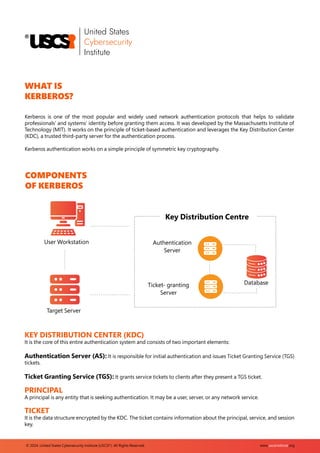 WHAT IS
KERBEROS?
Kerberos is one of the most popular and widely used network authentication protocols that helps to validate
professionals’ and systems’ identity before granting them access. It was developed by the Massachusetts Institute of
Technology (MIT). It works on the principle of ticket-based authentication and leverages the Key Distribution Center
(KDC), a trusted third-party server for the authentication process.
Kerberos authentication works on a simple principle of symmetric key cryptography.
COMPONENTS
OF KERBEROS
www.uscsinstitute.org
© 2024. United States Cybersecurity Institute (USCSI ). All Rights Reserved.
®
Database
Authentication
Server
Ticket- granting
Server
Key Distribution Centre
User Workstation
Target Server
KEY DISTRIBUTION CENTER (KDC)
It is the core of this entire authentication system and consists of two important elements:
Authentication Server (AS): It is responsible for initial authentication and issues Ticket Granting Service (TGS)
tickets.
Ticket Granting Service (TGS): It grants service tickets to clients after they present a TGS ticket.
PRINCIPAL
A principal is any entity that is seeking authentication. It may be a user, server, or any network service.
TICKET
It is the data structure encrypted by the KDC. The ticket contains information about the principal, service, and session
key.
 