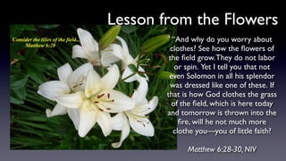 “And why do you worry about
clothes? See how the ﬂowers of
the ﬁeld grow.They do not labor
or spin. Yet I tell you that not
even Solomon in all his splendor
was dressed like one of these. If
that is how God clothes the grass
of the ﬁeld, which is here today
and tomorrow is thrown into the
ﬁre, will he not much more
clothe you—you of little faith?
Matthew 6:28-30, NIV
Lesson from the Flowers
 