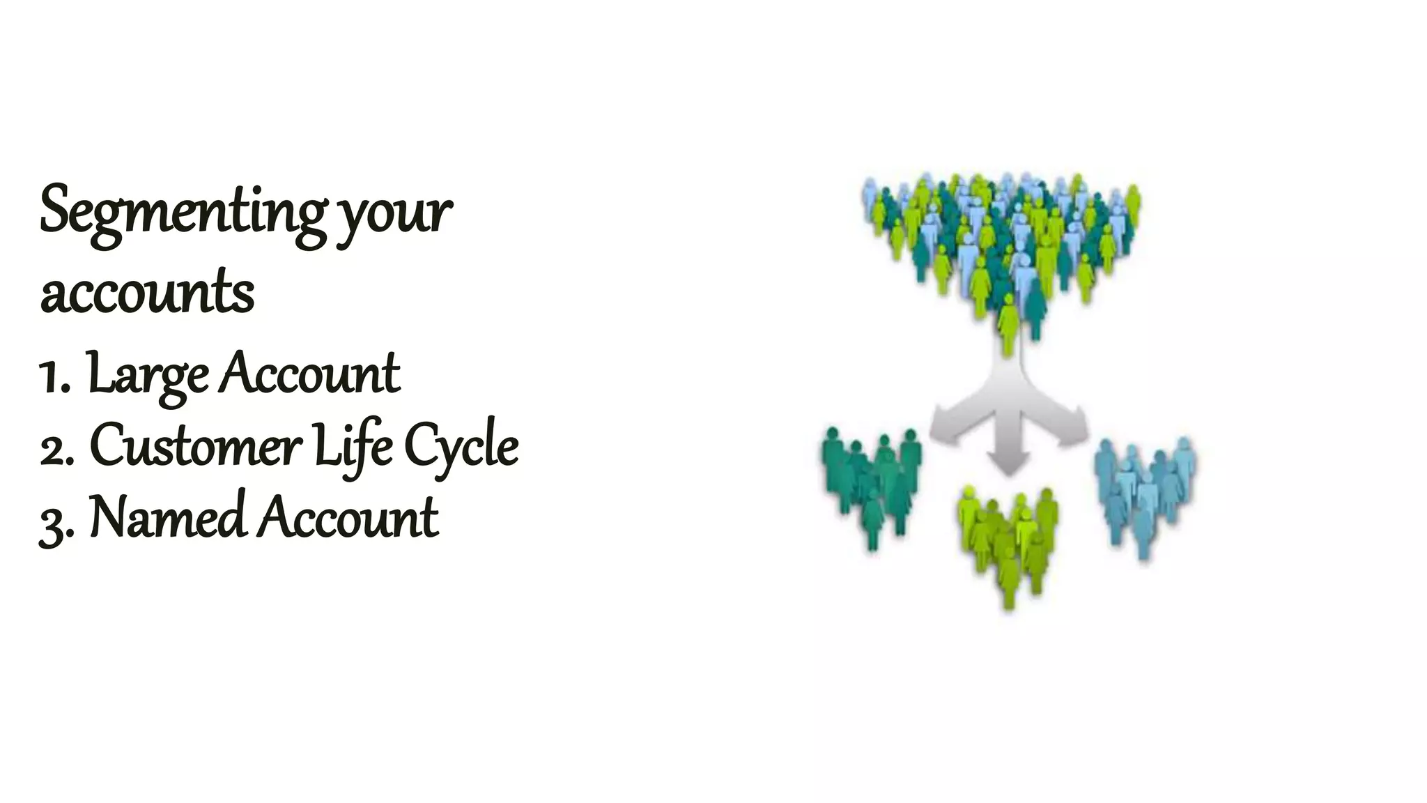 Segmenting your
accounts
1. Large Account
2. Customer Life Cycle
3. Named Account
