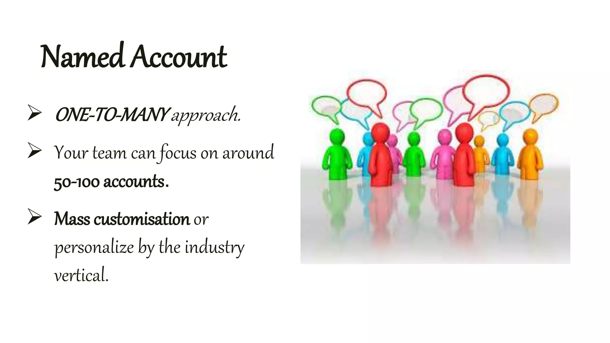 Named Account
ONE-TO-MANYapproach.
Your team can focus on around
50-100 accounts.
Mass customisation or
personalize by the industry
vertical.
