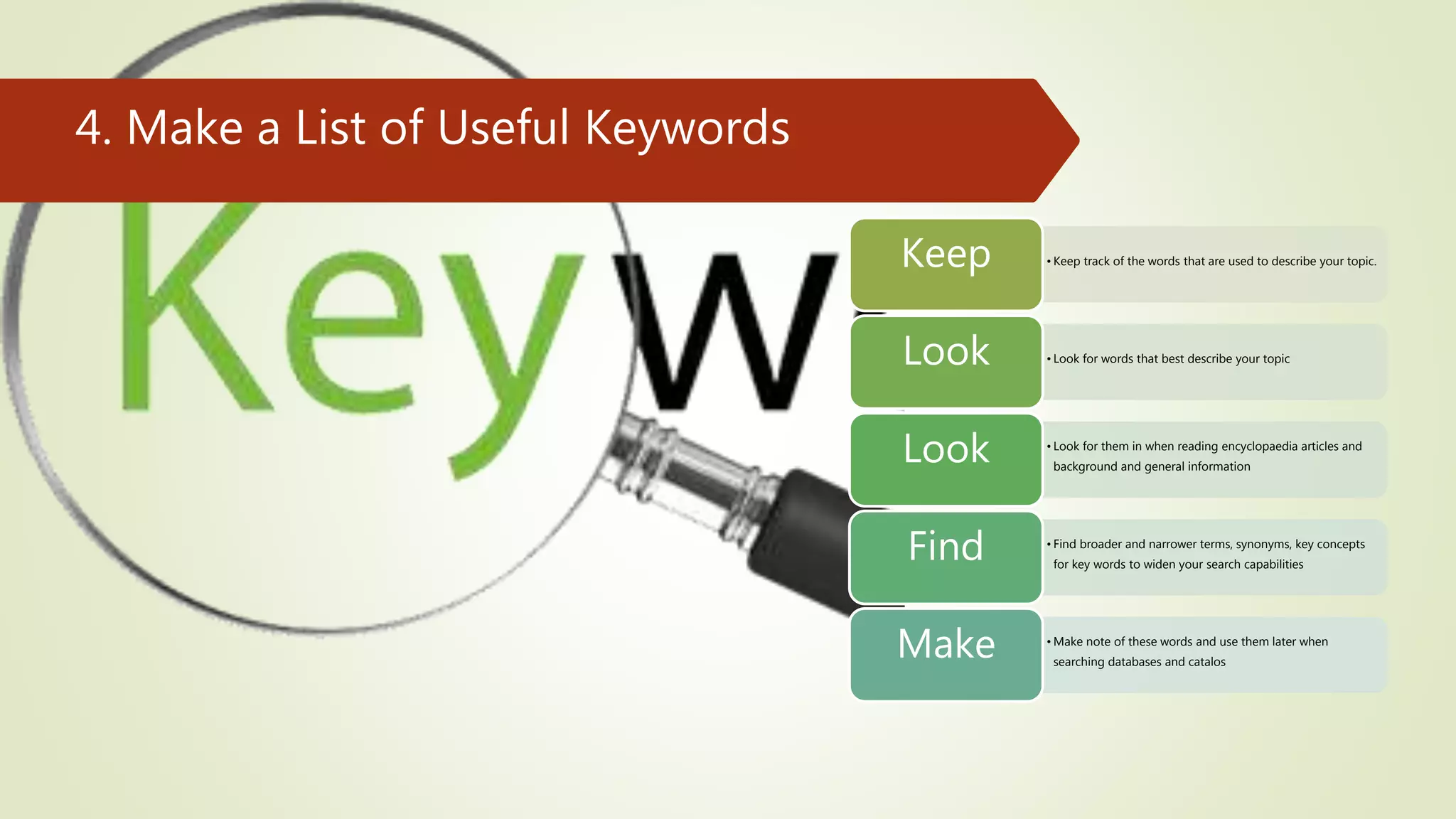 4. Make a List of Useful Keywords
• Keep track of the words that are used to describe your topic.
Keep
• Look for words that best describe your topic
Look
• Look for them in when reading encyclopaedia articles and
background and general information
Look
• Find broader and narrower terms, synonyms, key concepts
for key words to widen your search capabilities
Find
• Make note of these words and use them later when
searching databases and catalos
Make
 