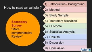How to read an article ?
Secondary
Survey
“More
comprehensive
Review”
1) Introduction / Background
2) Method
3) Study Sample
4) Treatment allocation
5) Outcome
6) Statistical Analysis
7) Results
8) Discussion
9) Conclusion
 
