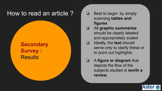 How to read an article ?
Secondary
Survey :
Results
❏ Best to begin by simply
scanning tables and
figures
❏ All graphic summaries
should be clearly labeled
and appropriately scaled
❏ Ideally, the text should
serve only to clarify these or
to point out highlights
❏ A figure or diagram that
depicts the flow of the
subjects studied is worth a
review.
 