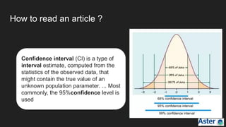 How to read an article ?
Confidence interval (CI) is a type of
interval estimate, computed from the
statistics of the observed data, that
might contain the true value of an
unknown population parameter. ... Most
commonly, the 95%confidence level is
used
 