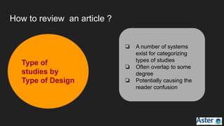 How to review an article ?
❏ A number of systems
exist for categorizing
types of studies
❏ Often overlap to some
degree
❏ Potentially causing the
reader confusion
Type of
studies by
Type of Design
 