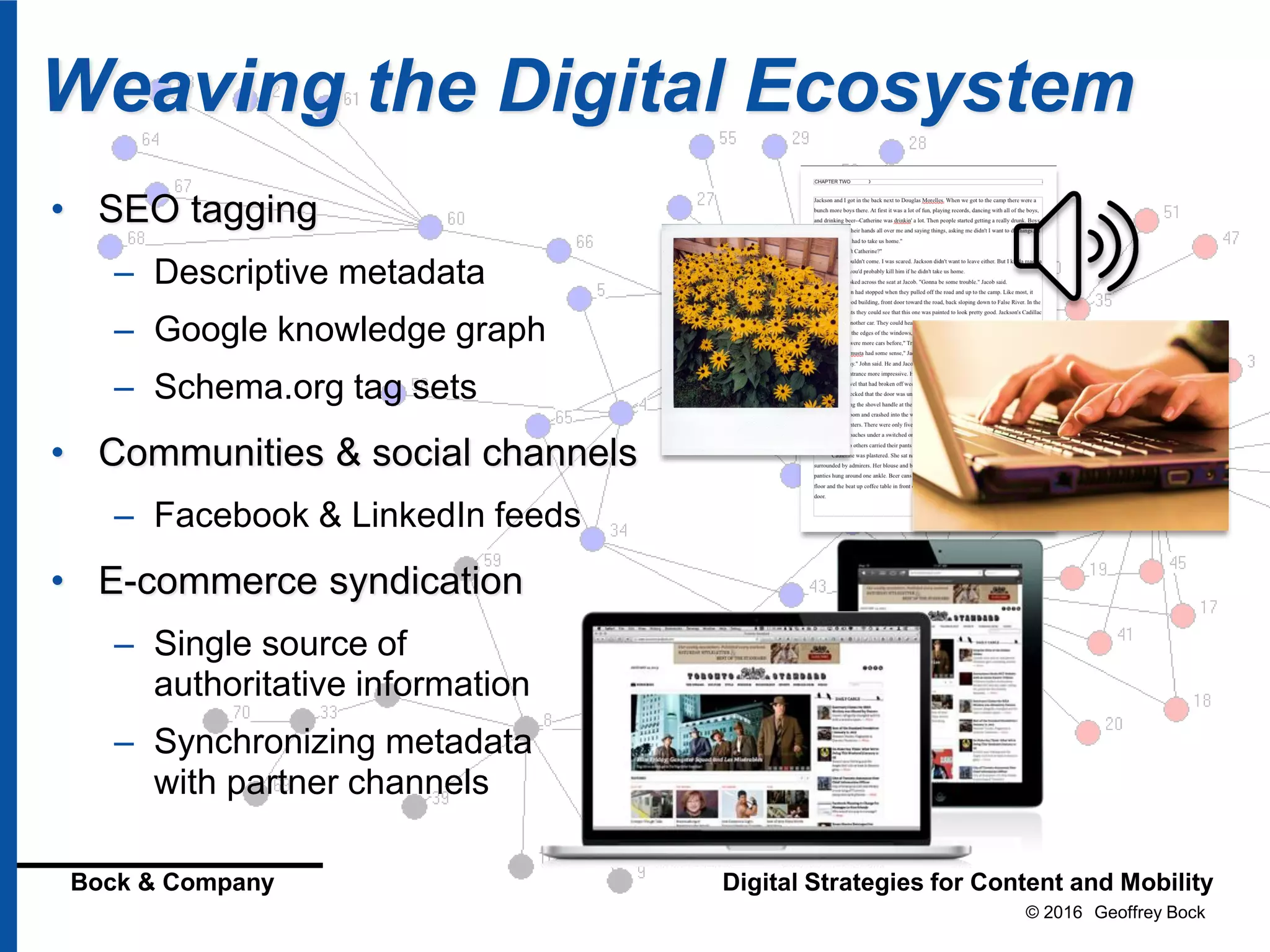 © 2016 Geoffrey Bock
Bock & Company Digital Strategies for Content and Mobility
Weaving the Digital Ecosystem
• SEO tagging
– Descriptive metadata
– Google knowledge graph
– Schema.org tag sets
• Communities & social channels
– Facebook & LinkedIn feeds
• E-commerce syndication
– Single source of
authoritative information
– Synchronizing metadata
with partner channels
 