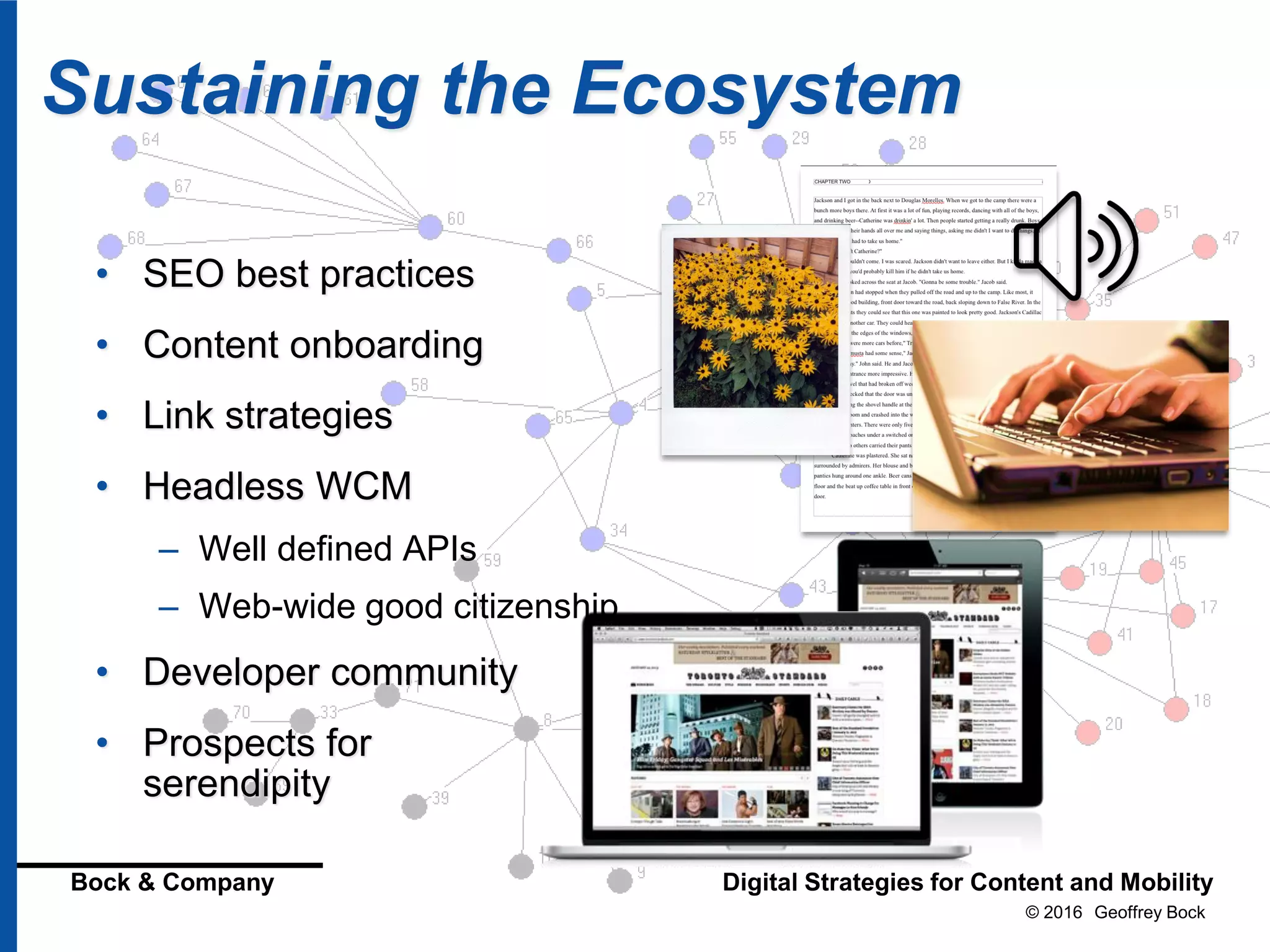© 2016 Geoffrey Bock
Bock & Company Digital Strategies for Content and Mobility
Sustaining the Ecosystem
• SEO best practices
• Content onboarding
• Link strategies
• Headless WCM
– Well defined APIs
– Web-wide good citizenship
• Developer community
• Prospects for
serendipity
 
