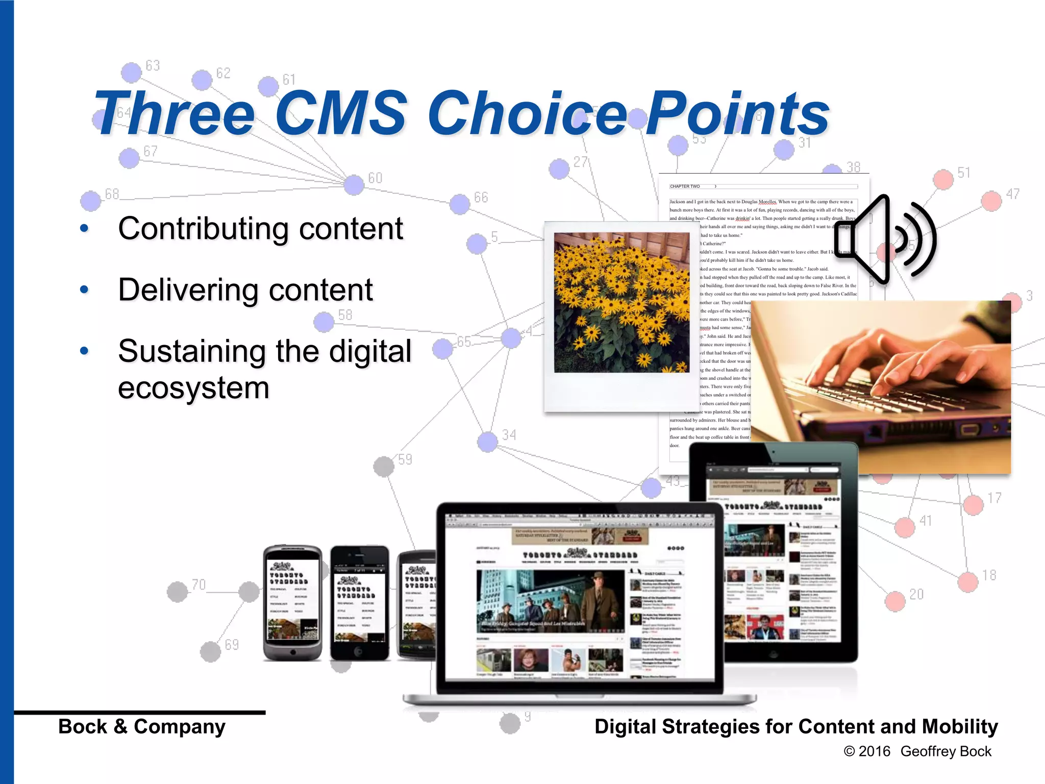 © 2016 Geoffrey Bock
Bock & Company Digital Strategies for Content and Mobility
Three CMS Choice Points
• Contributing content
• Delivering content
• Sustaining the digital
ecosystem
 