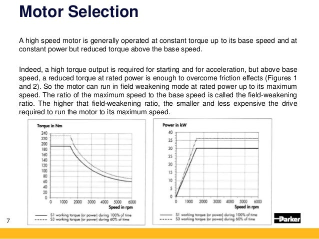 Motor Selection
A high speed motor is generally operated at constant torque up to its base speed and at
constant power but...
