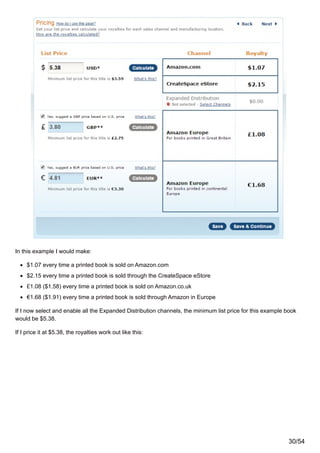 In this example I would make:
$1.07 every time a printed book is sold on Amazon.com
$2.15 every time a printed book is sold through the CreateSpace eStore
£1.08 ($1.58) every time a printed book is sold on Amazon.co.uk
€1.68 ($1.91) every time a printed book is sold through Amazon in Europe
If I now select and enable all the Expanded Distribution channels, the minimum list price for this example book
would be $5.38.
If I price it at $5.38, the royalties work out like this:
30/54
 
